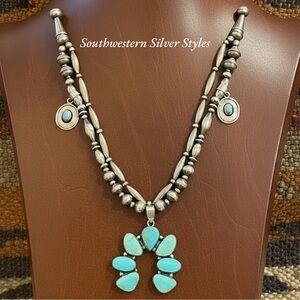 Vintage Sterling Silver Navajo Style Pearls Turquoise Squash Blossom Necklace